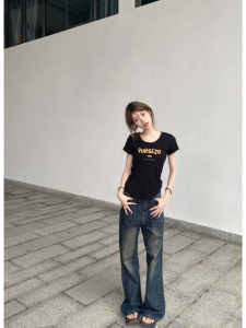 Slim Fit Short Sleeve T-Shirt Womens Summer Low round Neck Printed Design Korean Style Commute Fashion Cotton Blend Moisture Wicking