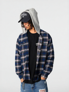 A chock | Street Color-blocking Blue Plaid Hooded Long-sleeve Shirt