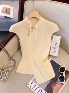 สไตล์จีนใหม่ถัก เสื้อกั๊ก ผู้หญิง ฤดูร้อน ไม่สม่ําเสมอ ดีไซน์ Hollow Out Qipao ปกเสื้อ แขนกุด เสื้อท่อนบน ทันสมัย เดินทาง