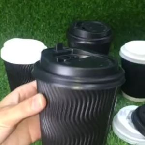 20pcs/50pcs Rippled Coffee Paper Cup with Flip Lid 8oz/12oz/16oz S-Wave Plain Black Hot Coffee Cup