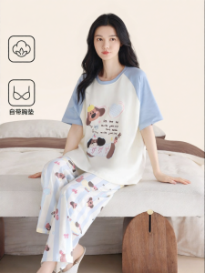 COSMO LADY | Cotton Padded Cartoony Short-sleeve Long Pants Sleepwear Set For Summer
