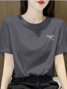 100% Pure Cotton Short Sleeve T-shirt for Women Loose Fit Butterfly Knot Printed Summer Work Clothing Straight Tube Type
