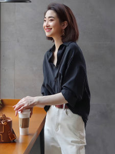 New 2024 Black Chiffon Shirt Lightweight Luxury Summer Thin Sun Protection Outerwear Commute Simple Style Long Sleeve Polo Collar