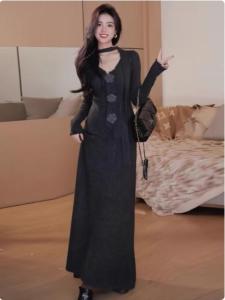 Korean Style Knitted Dress Set Womens Long Skirt And Top Winter Clothes Commute Natural Waist A-Line Dress Floral Embroidery