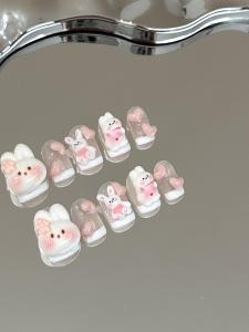 French Style Cute Pink Heart Shaped Detachable Wearable Nail Art Handmade White Enhancing Short Design Gentle Color Series from China