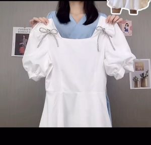 เดรสสั้น สีดำ คอเหลี่ยม แขนตุ๊กตา กระโปรงทรงบอลลูน ผ้าฝ้าย แถม! เข็มกลัดโบว์ติดอก Dress ชุดไปคาเฟ่ #5525