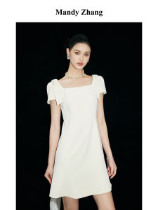 French CHIC White Square Neck Fish Tail Bow Dress