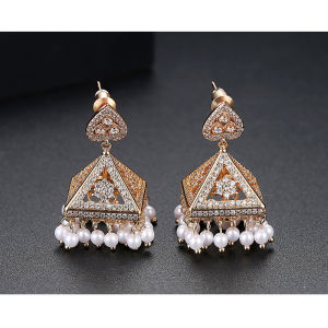 SEQUITO Exclusive Design 585 Gold Plated Heart Triangle Drop Full Micro Inlaid Tiny Zirconia with White Pearl Tassel Earrings Woman Noble Jewelry for Banquet SE619