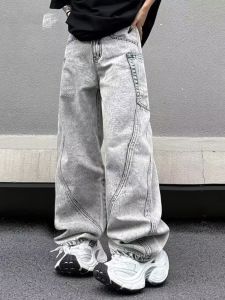 Mens Casual Vintage Washed Denim Jeans Line Division Design Drape Loose Spring Autumn Long Trousers Splicing Style