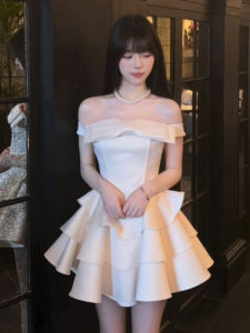 French Princess Style Short Puffy Skirt One Shoulder Waist Cinched Summer Dress Elegant Princess A-Line Silhouette Backless Butterfly Knot