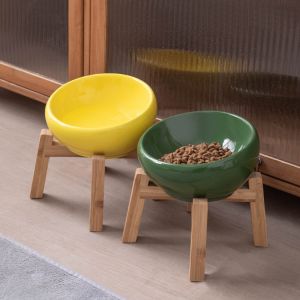 Ceramic Cat Bowl Dog Bowl Pet Feeding Water Bowl Cat Puppy Feeder Product Supplies Pet Food Bowl with Wood Stand