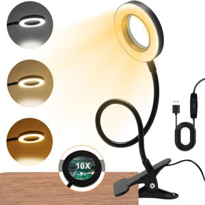 10X Magnifying Glass Desk Lamp with Metal Clamp 3 Color Modes Flexible Gooseneck Light for Bed Work Crafts DIY Repair