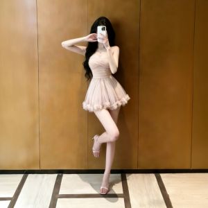 CHANGTONG | French Style Flattering V-neck Waist-accentuated Tulle Skater Dress