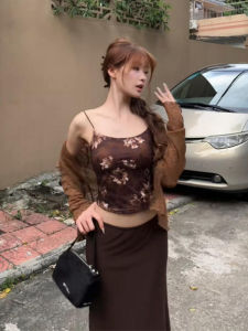 YUEZHONGWEI | Áo ba lỗ không tay in hoa kiểu Pháp cho nữ mùa hè nhỏ gọn ôm vừa vặn gợi cảm hở bụng ngắn không tay áo sơ mi nữ