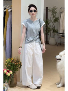 YUEZHONGWEI | Gray Round Neck Short Sleeve T-Shirt Womens Summer Design Sensation Small Niche Uneven Waist Tie Small Flying Sleeve Top