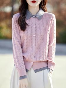 Autumn 2024 New Style Womens Knitted Cardigan Doll Collar Button-Up Soft Skin-Friendly Fake Two-Piece Long Sleeve Sweater Jacket