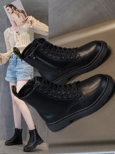 Autumn Winter Fleece Lined Genuine Leather Martin Boots Medium Tube Flat Bottom Womens Shoes for Plump Feet Side Zip Closure