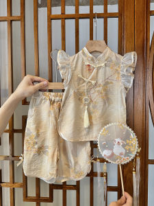 Xiaomumu Girls Traditional Style Two-Piece Set Summer Outfit Korean Fashion Baby Clothes Cotton Shorts Outfit for Toddlers