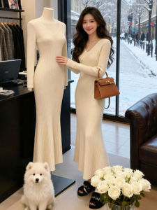 CHANGTONG | V Neck Fitted Knit Dress Attractive Mermaid