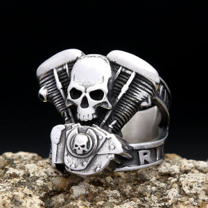 Fashion Vintage Gothic Skull Ring Stainless Steel Punk Biker Rings For Men Unique Motorcycle Engine Jewelry Gifts Dropshipping