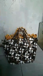 Tas Anyaman Daur Ulang bungkus Kopi / Tas Mini Kerajinan bolong-Bolong kotak / tas belanja pasar Serbaguna Anyaman Plastik