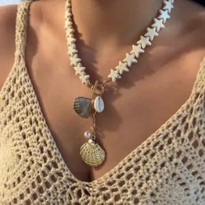 Bohemia Irregular Imitation Pearl Chain Necklace for Women Summer Beach OT Buckle Starfish Shell Turtle Choker Beach Jewelry