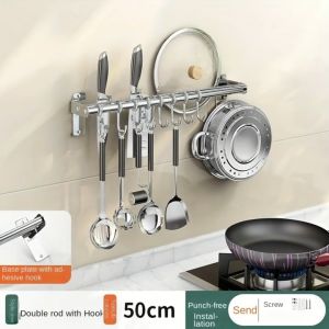 Wall Mounted Kitchen Utensil Holder Rail Sliding Hooks Organize Multi-purpose 304 Stainless Steel Kitchen Utensil Hooks