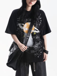 zuocisankon | American Retro Graffiti Planet Print Short Sleeve Tshirt