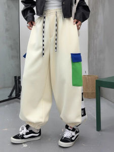 High Waist Fleece Lined Patchwork Letter Print Large Pocket Harlan Style Winter New Arrival Cabbage Pants Womens Trousers