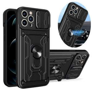Case For iPhone 15 14 13 Pro Max X XSMax XR 8 7 Plus SE 2022 Slide Stand Ring 360 Magnetic Camera Military Grade Card Slot Cover