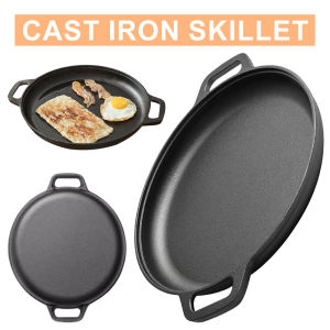 【Homelements】28/30/33/35cm Cast Iron Pancake Pizza Pan with Dual Handles Non-Stick Kitchen Outdoor BBQ Grill Kitchen Cooking Pot Cookware Fry Pan
