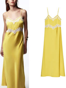 New Autumn Backless Holiday Style Lace Trim Yellow Strap Midi Dress Womens Fashion High Waist Cotton Polyester Casual Dress