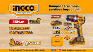 INGCO 20V 55NM LI-ION IMPACT DRILL | COMPACT BRUSHLESS MOTOR | CIDLI20558 CIDLI205581
