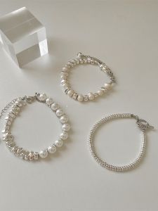 Solid Metal Silver Fragments Natural Pearl Bracelet for Men OT Buckle Cold Style Jewelry Fashion Accessories Cross Crown Roman Numeral Patterns