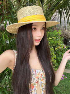 French Style Hollow out Flat Top Straw Hat Womens Summer Beach Vacation Sun Protection Hat Large Brim Woven Sun Hat