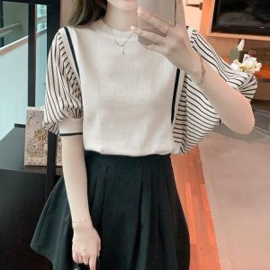 ●ECLAIRE● 003 Blouse Knit Rajut Kombinasi Salur Stripe Garis SHORTSLEEVES Korea Kerja Kasual Casual Import mxlzi