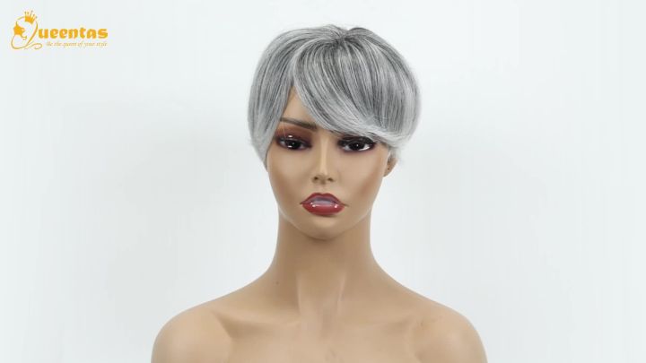 QUEENTAS Short Hair Topper for Women with Thinning Hair Daily Wear 360 ° 3D Cover Up 6.5"*6" Fluffy Hair Pieces with Bangs(Grey to Silver)