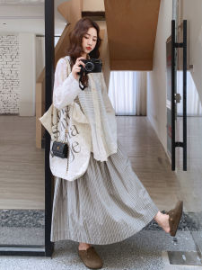 Korean Style Embroidered Shirt Dress Set Womens Autumn 2025 New Striped Half-length Long Skirt Two-piece Set Casual Loose Fit