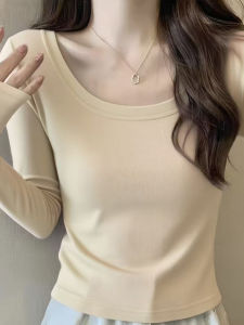 Áo Thun Dài Tay Cổ Chữ U Ôm Vừa Vặn Cho Nữ Mùa Thu Thường Ngày Cotton Màu Trơn Dài Vừa Phải Thường Ngày