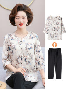 ผ้าไหม เสื้อเชิ้ตสไตล์แม่ ชุดหน้าร้อน สําหรับ วัยกลางคนและผู้สูงอายุ ผู้หญิง หลวม Fit Button Up ลายดอก ชุดสองชิ้นข้อเท้ายาว กางเกง
