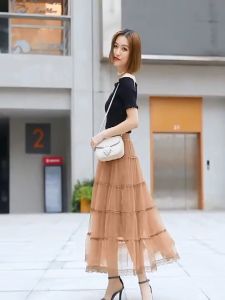 Womens Spring and Summer New Solid Long Skirt A-line Pleated Cake Skirt Three-layer Big Swing Gauze Skirt