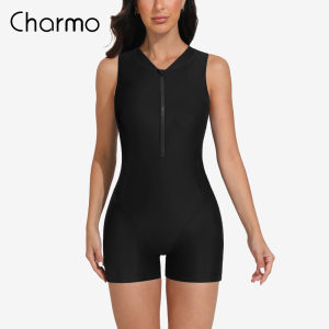 Charmo Athletic One Piece Swimsuits for Women Zipper Up Bathing Suits Modest Boyleg Swimwear