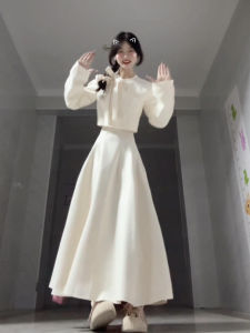 French Style Sweet Princess Dress Womens Autumn Winter Gentle Birthday Set Two-Piece Suite High Waist Long Sleeve Midi Skirt