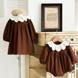 Princess Style Long Sleeve Floral Lace Collar Dress Childrens Sister Matching Outfit Baby Crawling Suit Cotton Korean Version