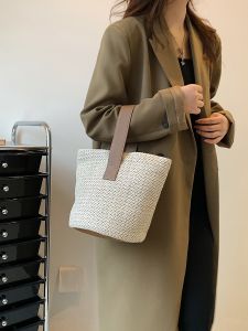 Summer Small Bucket Bag Womens Straw Woven Beach Vacation Handbag Soft Polyester Lining Single Strap Pure Color Casual Style