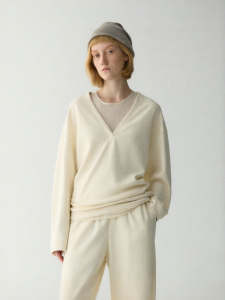 INSIS FEMME | Loop Yarn Long-staple Cotton V-neck Loose Dropped Shoulders Puff Sleeves Top