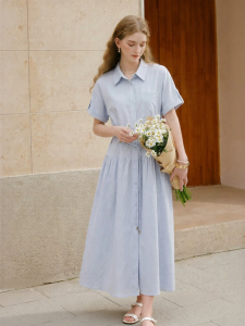 XIANGYING | Đầm Linen Accentuating Eo Xanh Dài
