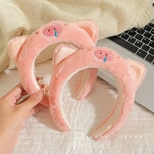 Bando Bandana Karakter Pink Piggy Lucu Bando Bulu Fluffy Aksesoris Rambut Wanita