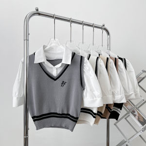 Contrast Color Embroider Knitting Vest Patchwork Polo Collar Short Sleeve Fake Two Pieces Shirts Tops Female Preppy Style Niche Style Casual