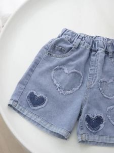 Summer Love-Themed Pleated Denim Shorts Cute Girls Shorts With Elastic Waist for Comfortable Wearing.